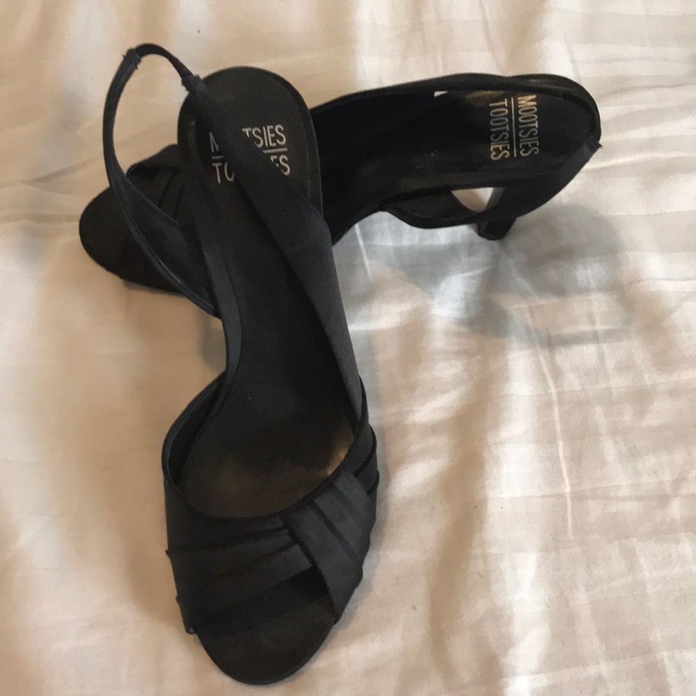 Black satin peek toe heels
